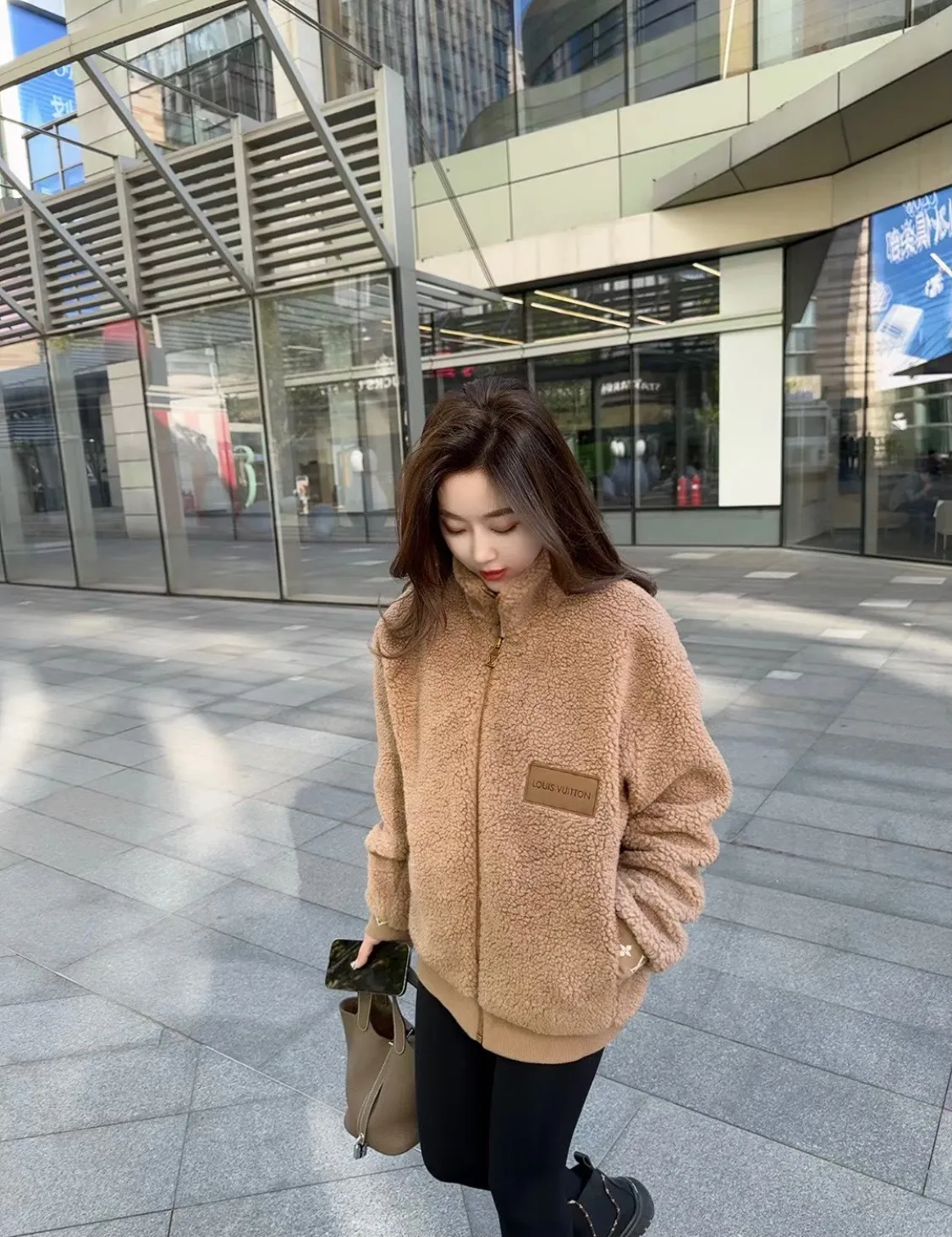 Louis Vuitton/Louis Vuitton 24Fw leather sherpa stand collar jacket